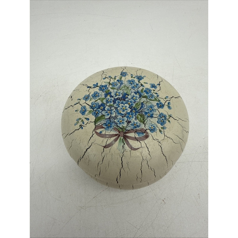 Vintage Italian Wood Crackled Hand Painted Floral & Gold Metal Round Jewelry Box